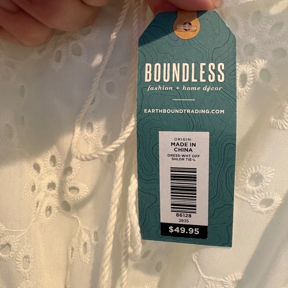 Off-Shoulder White Midi Dress with Eyelet Trim - Picture 6 of 16